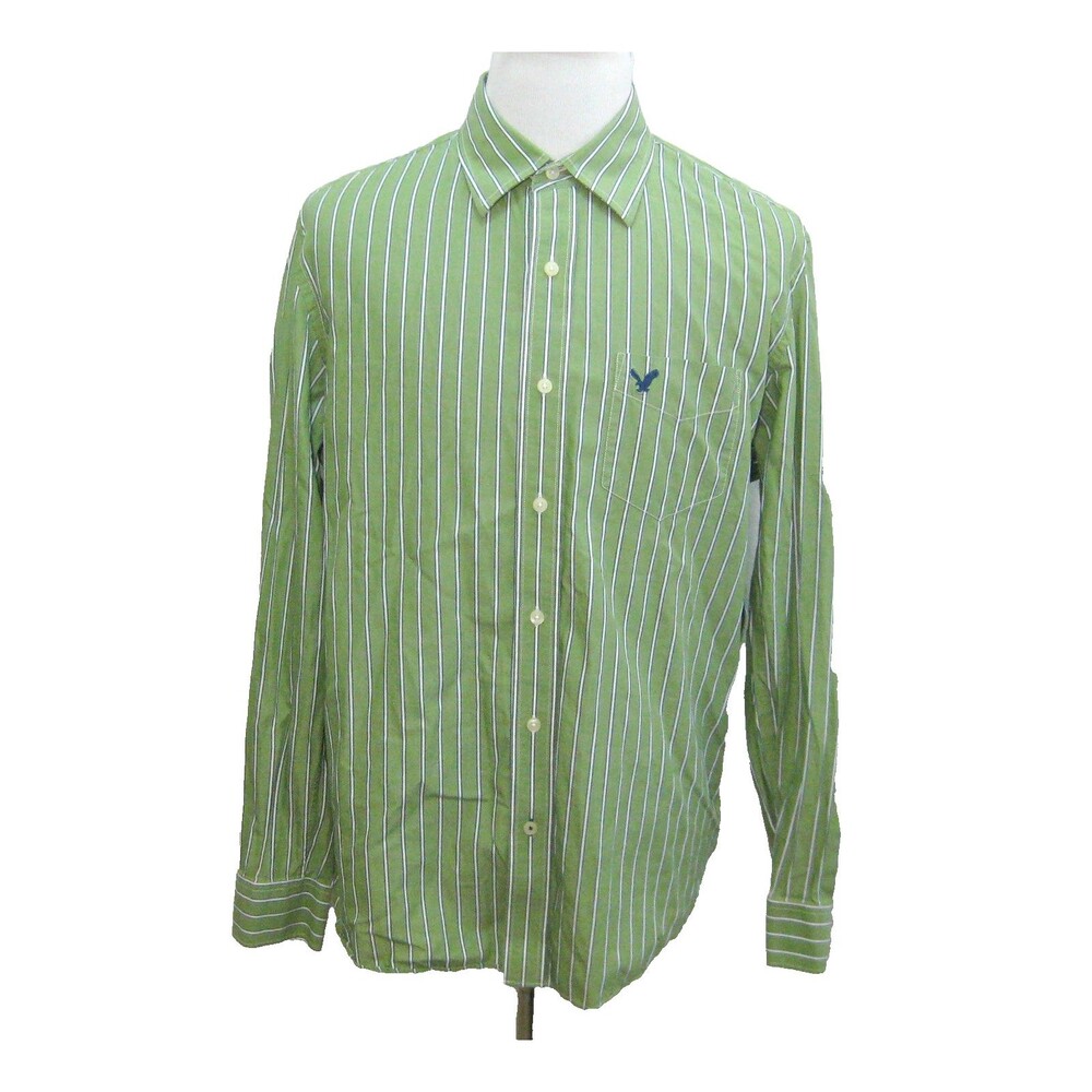 AMERICAN EAGLE Men's (Size XL) Green Striped Button Front Shirt 100% Cotton Top